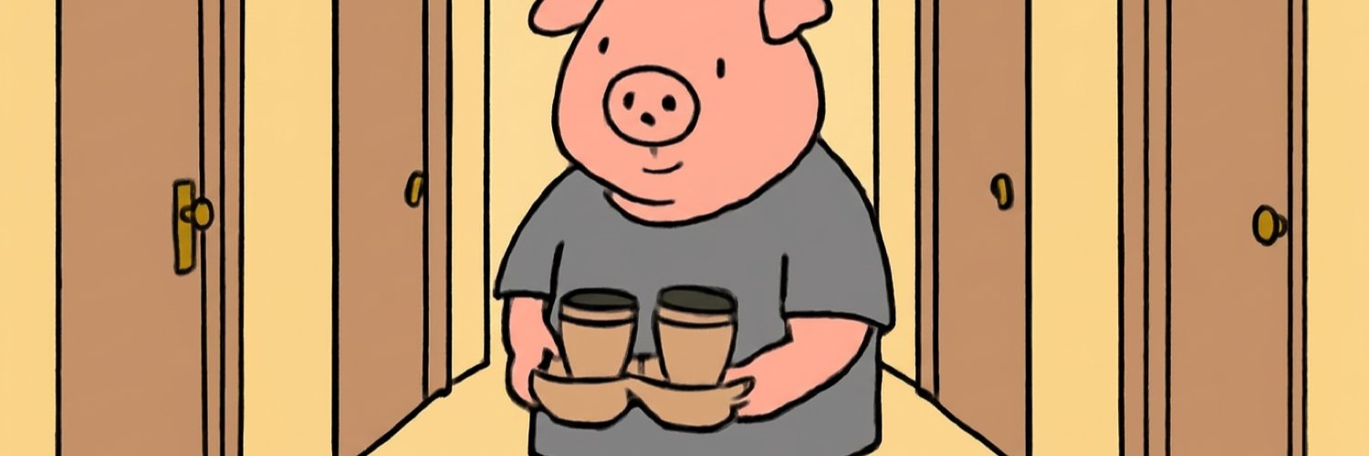 A pig standing full length in an office hallway, wearing an adult-sized grey t-shirt that hangs to the floor, holding a cardboard carrier of coffee cups